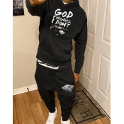 LW Men Letter Print Kangaroo Pocket Tracksuit Set