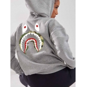 LW Fish Mouth Print Kangaroo Pocket Hoodie