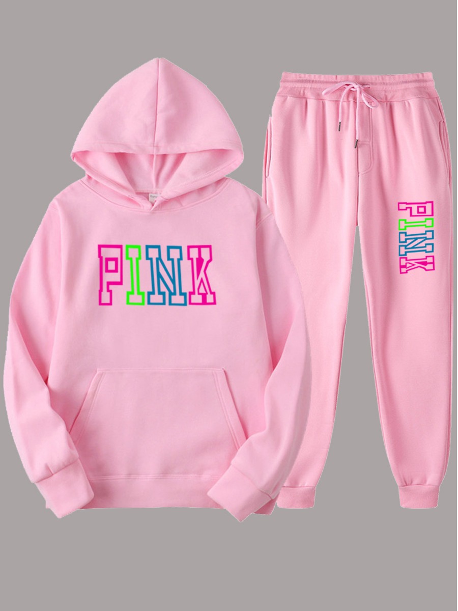 LW Plus Size Fleece Pink Letter Print Tracksuit Set 4X