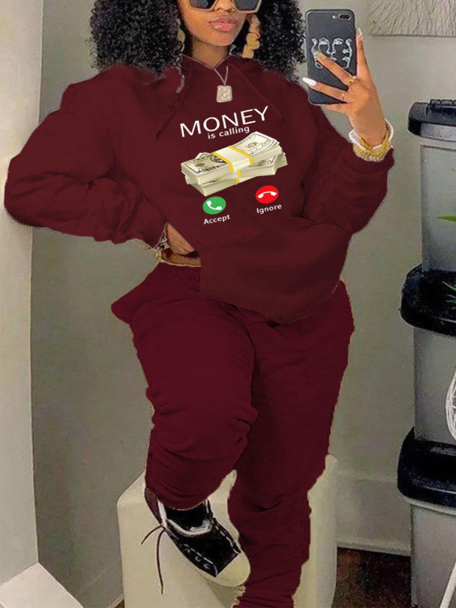 LW Plus Size Money Letter Print Kangaroo Pocket Tracksuit Set