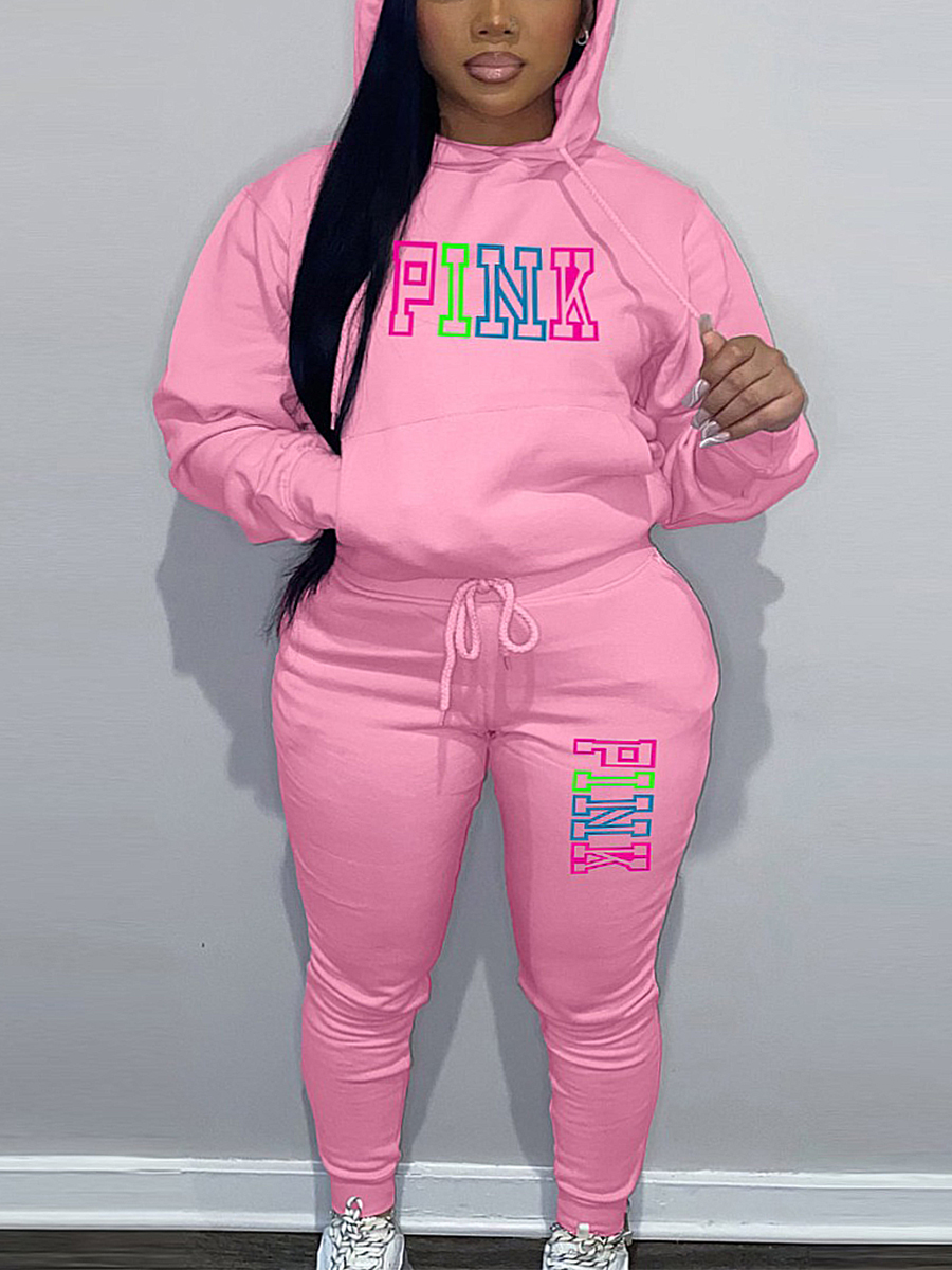 LW Plus Size Fleece Pink Letter Print Tracksuit Set 4X