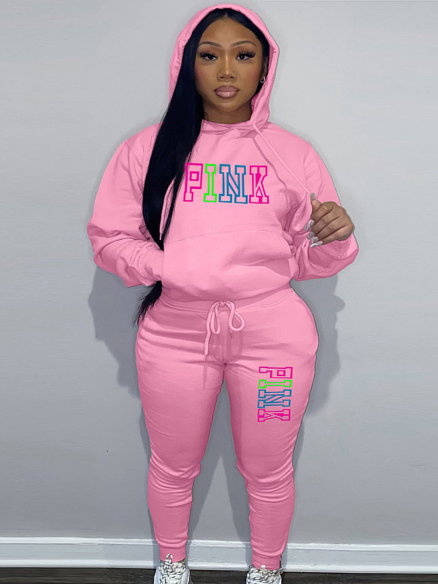 LW Plus Size Fleece Pink Letter Print Tracksuit Set 4X