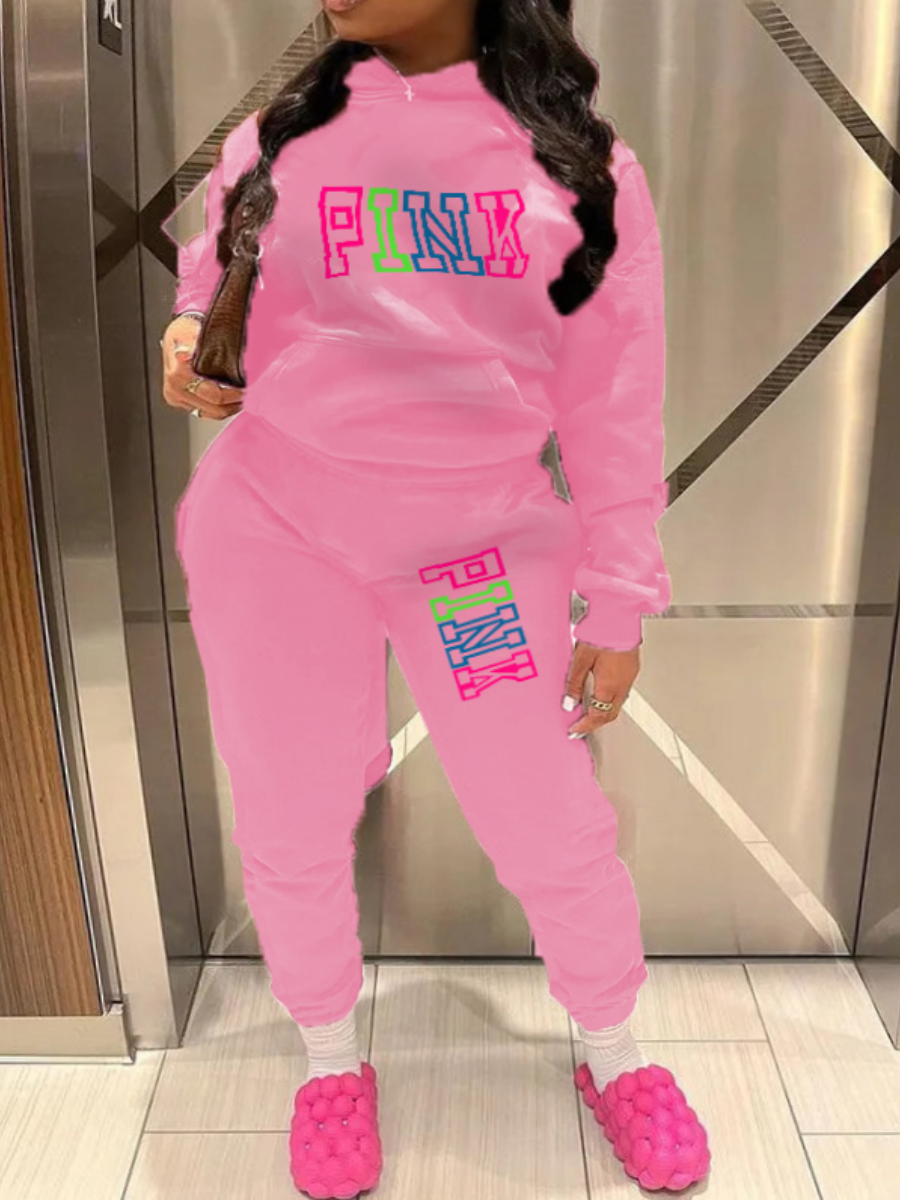 LovelyWholesale Plus Size Fleece Pink Letter Print Tracksuit Set Fall Long Sleeve Casual Hooded Collar  5X Spring Summer 2024