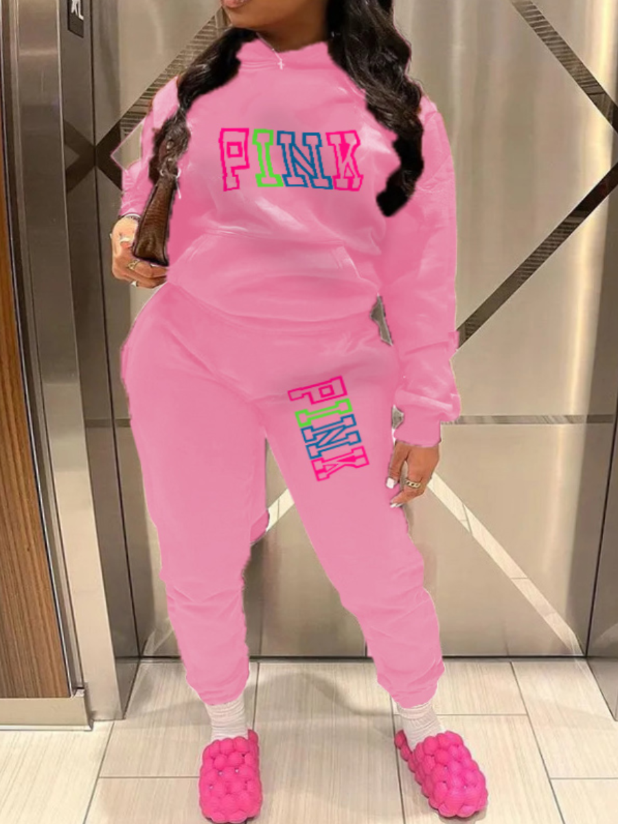 LW Plus Size Fleece Pink Letter Print Tracksuit Set 4X