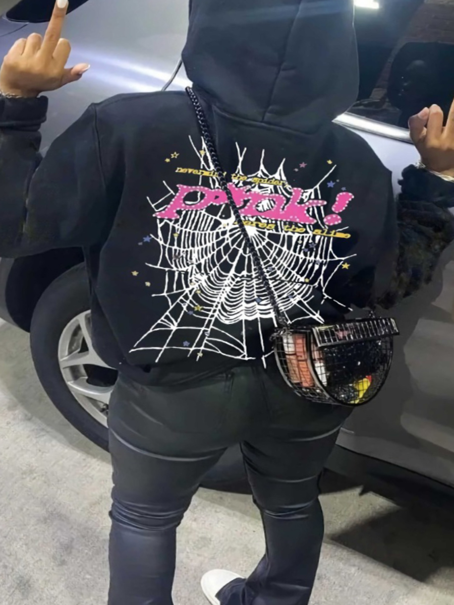 LW Plus Size Spider Web Letter Print Kangaroo Pocket Hoodie