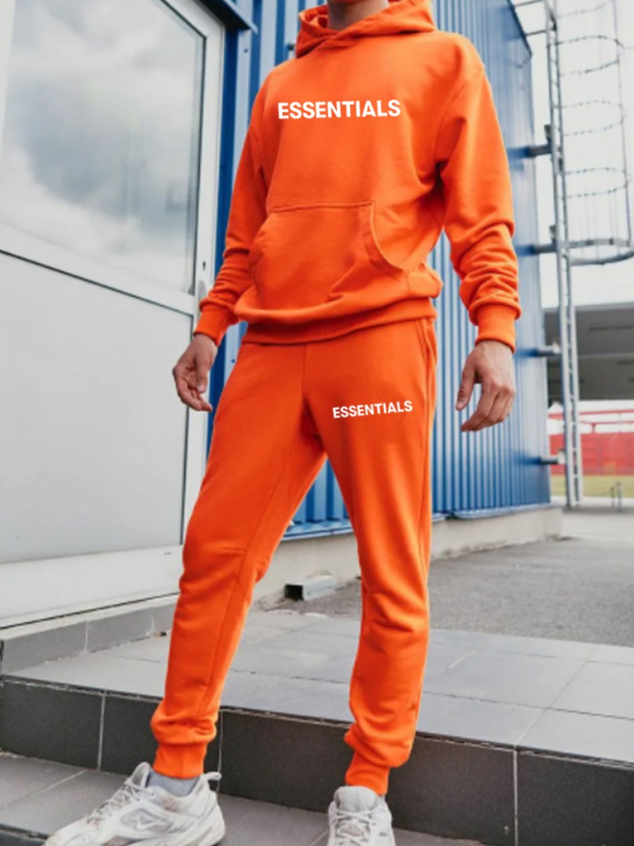 LW Men Essentials Letter Print Kangaroo Pocket Tracksuit Set