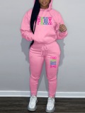 LW Pink Letter Print Kangaroo Pocket Tracksuit Set