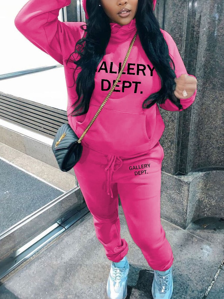 LW Plus Size Letter Print Kangaroo Pocket Tracksuit Set