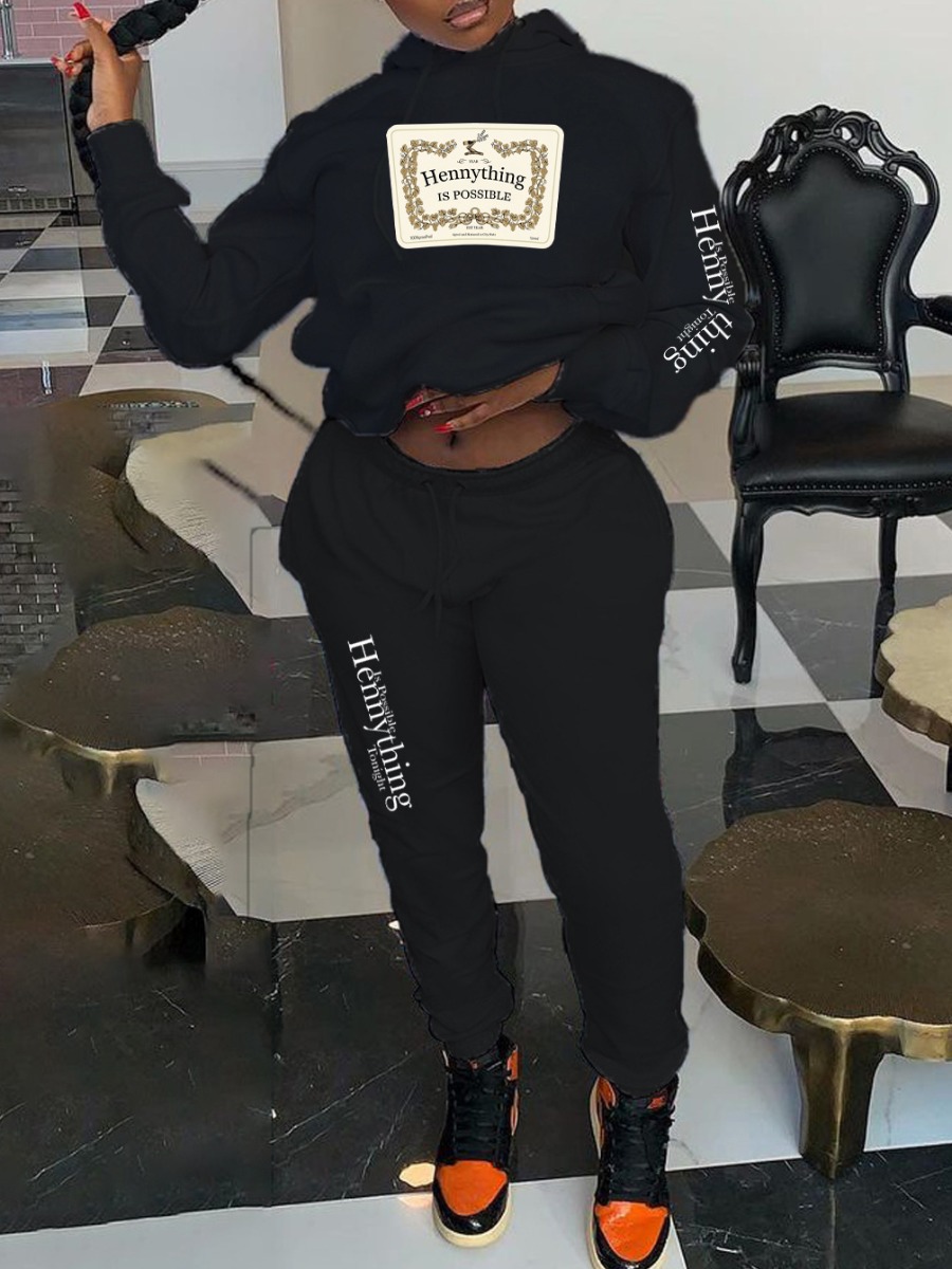 LW Letter Print Kangaroo Pocket Tracksuit Set