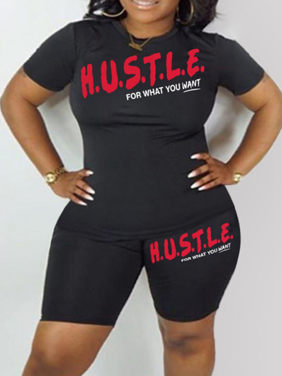 LW Plus Size Hustle Letter Print Shorts Set