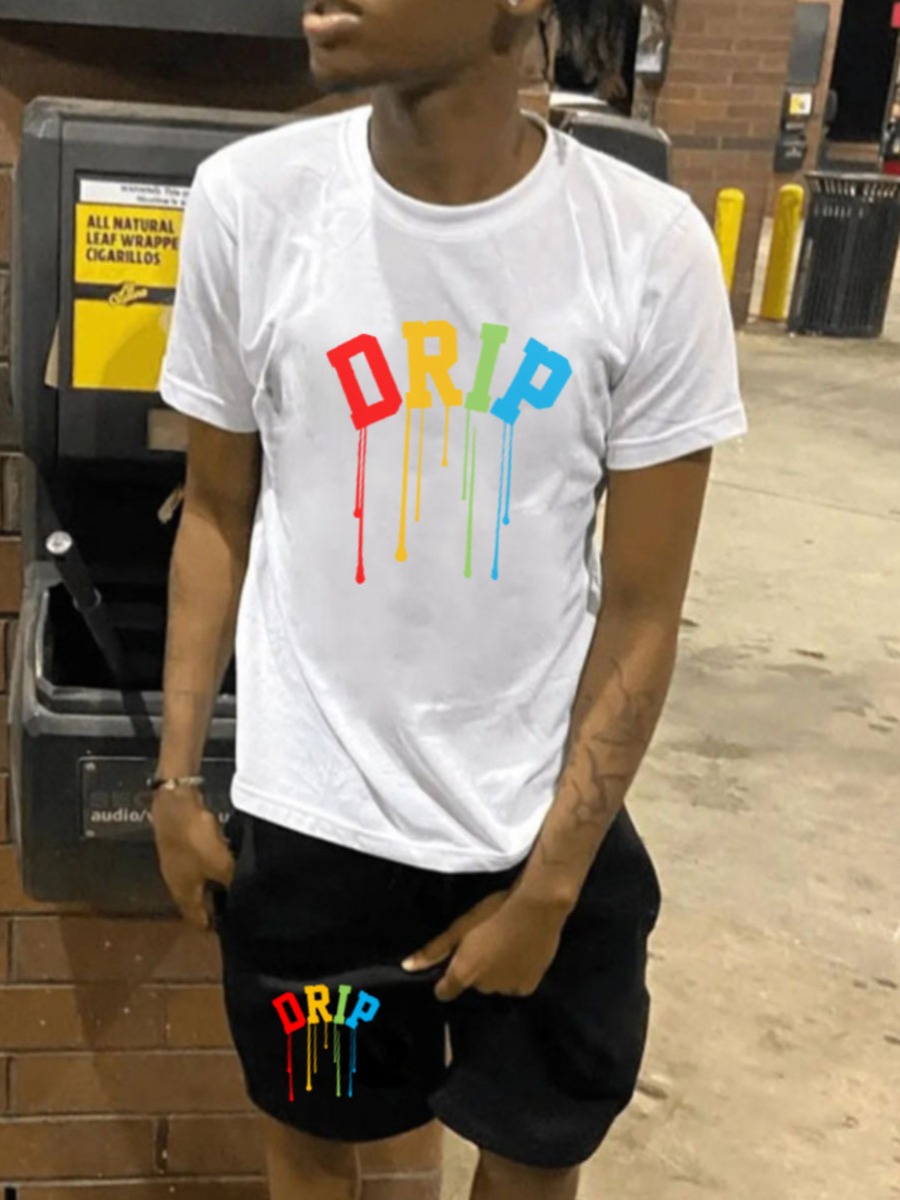LovelyWholesale Men Drip Letter Print Shorts Set Summer Short Sleeve Casual Spring Summer 2024