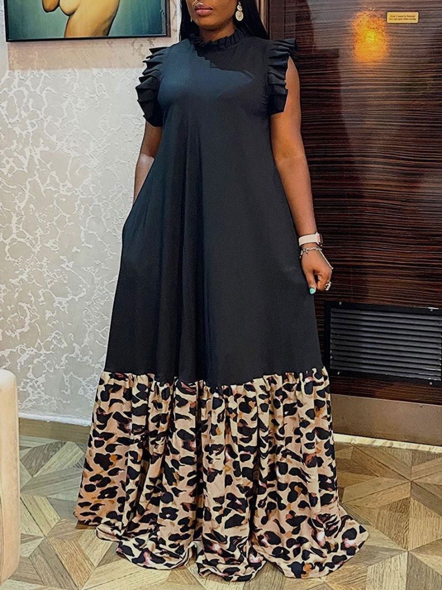 LW Plus Size Leopard Print Ruffle Trim Loose Dress