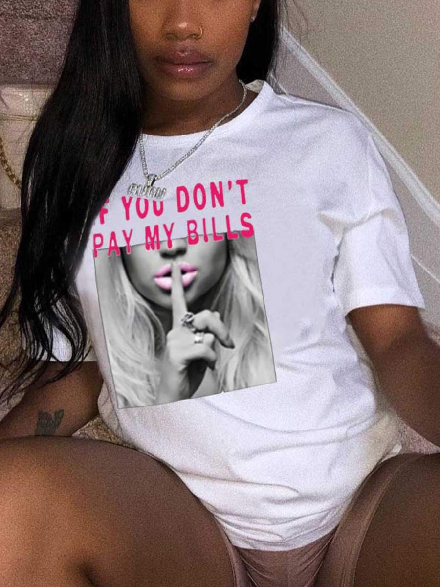 LovelyWholesale Plus Size Figure Letter Print T-shirt Summer Short Sleeve Casual Round Neck  5X Spring Summer 2024