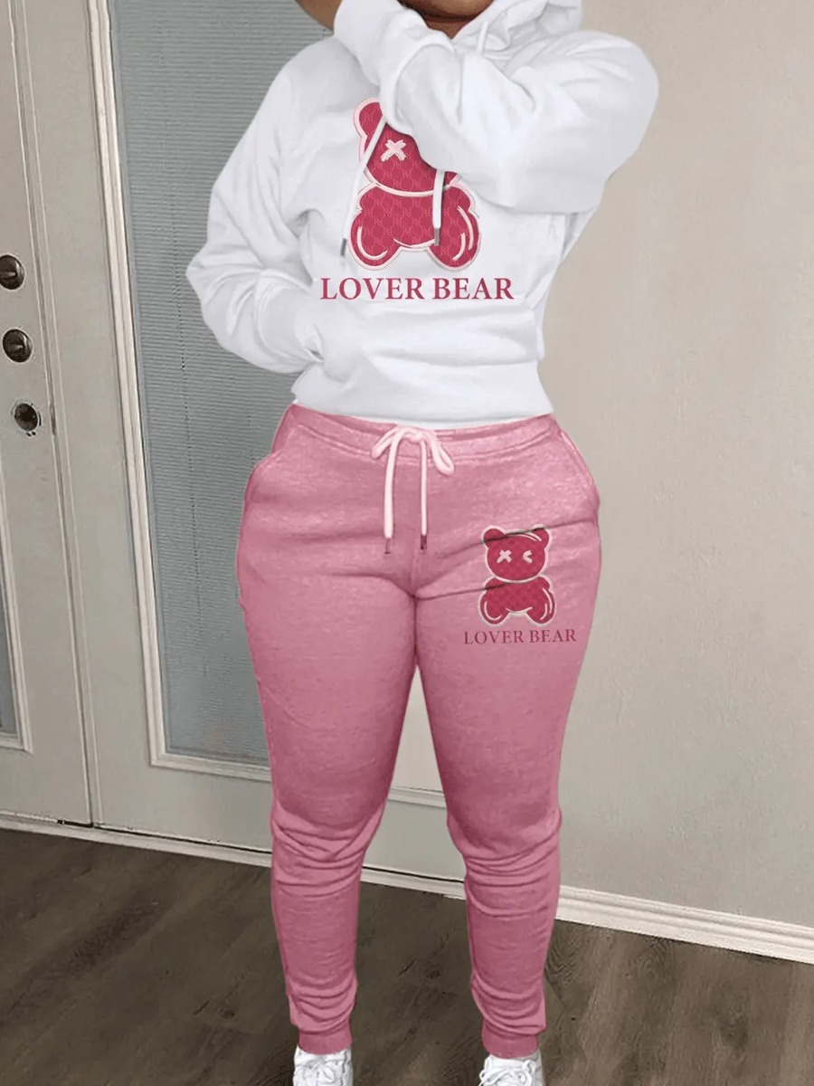 LW Lovely Bear Letter Print Kangaroo Pocket Tracksuit Set