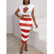 LW Casual Lip Print Striped White Two Piece Skirt 