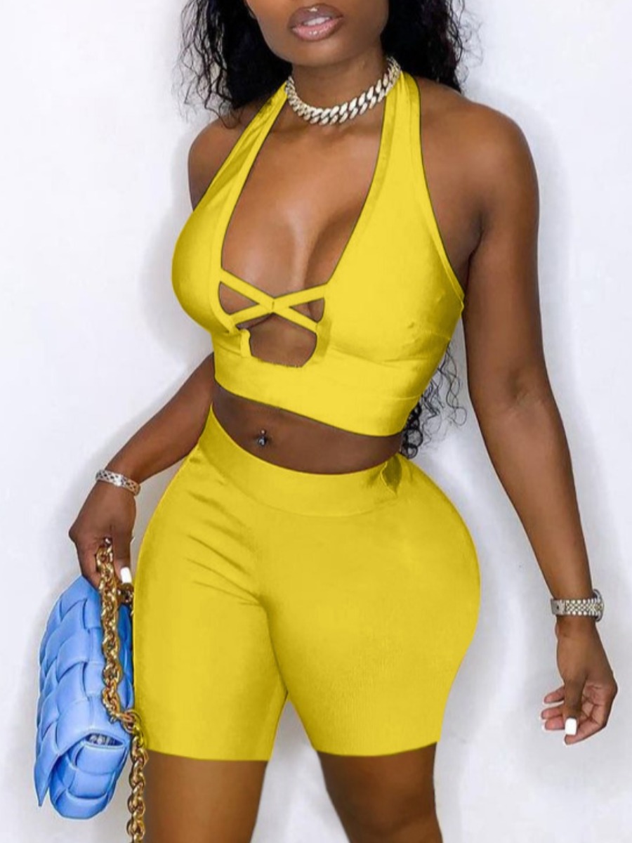 LW SXY Street Bandage Hollow-out Design Yellow Two Piece Shorts Set