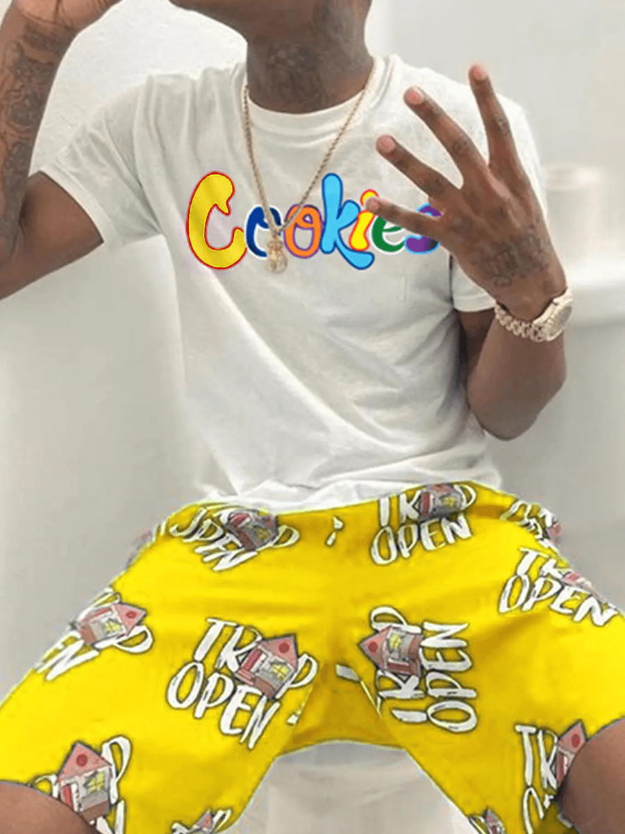 LW Men Cookies Letter Print Drawstring Shorts Set