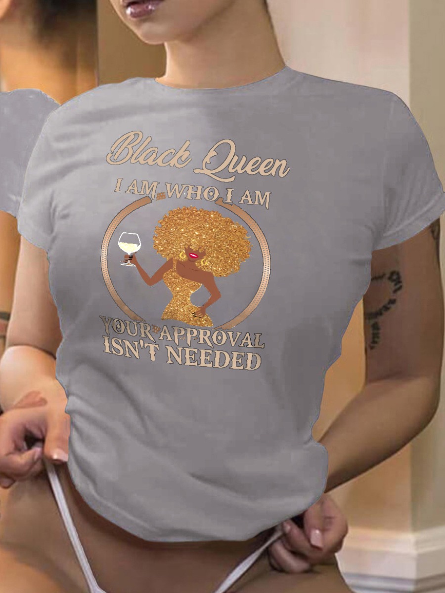 LW Black Queen Letter Figure Print T-shirt