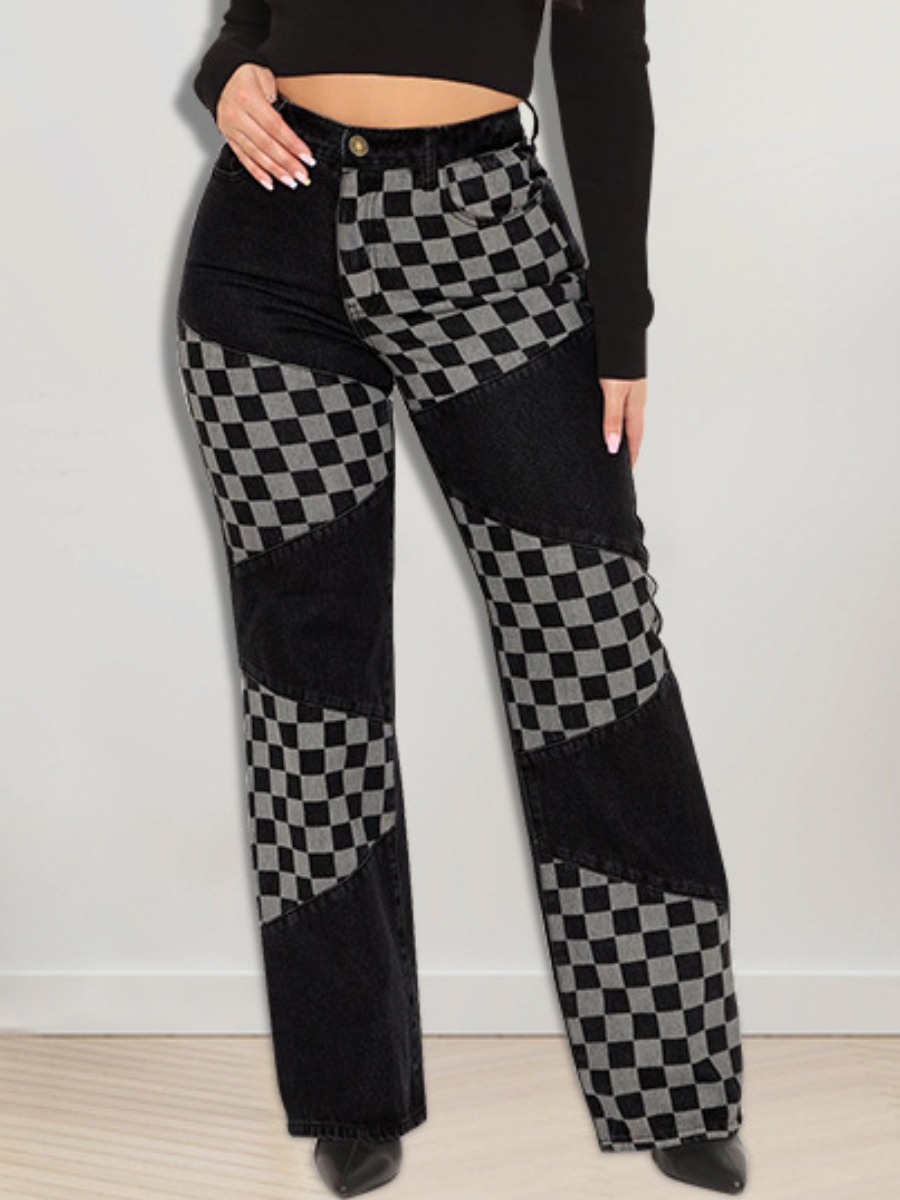 LW High Waist Plaid Print Flared Jeans