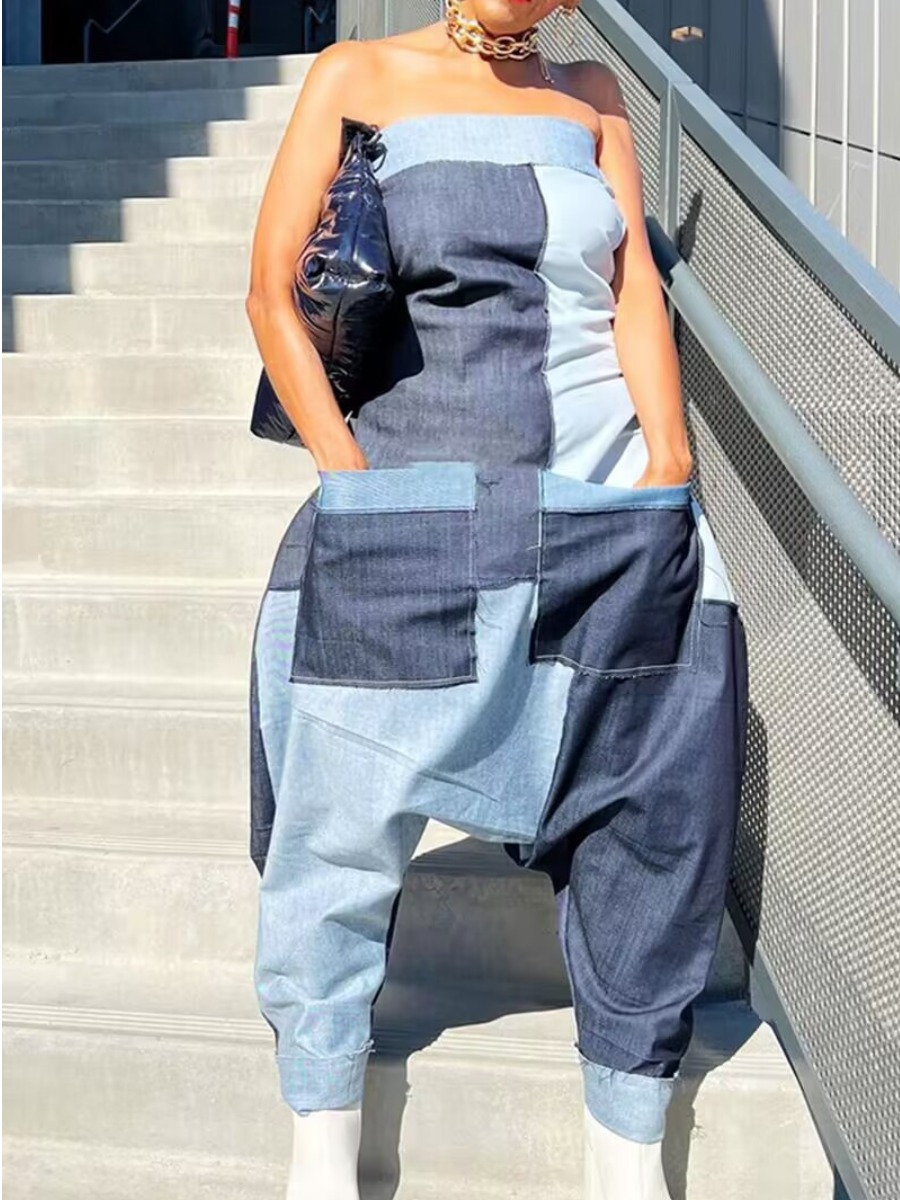 LW Off The Shoulder Patchwork Harlan Denim Jumpsui