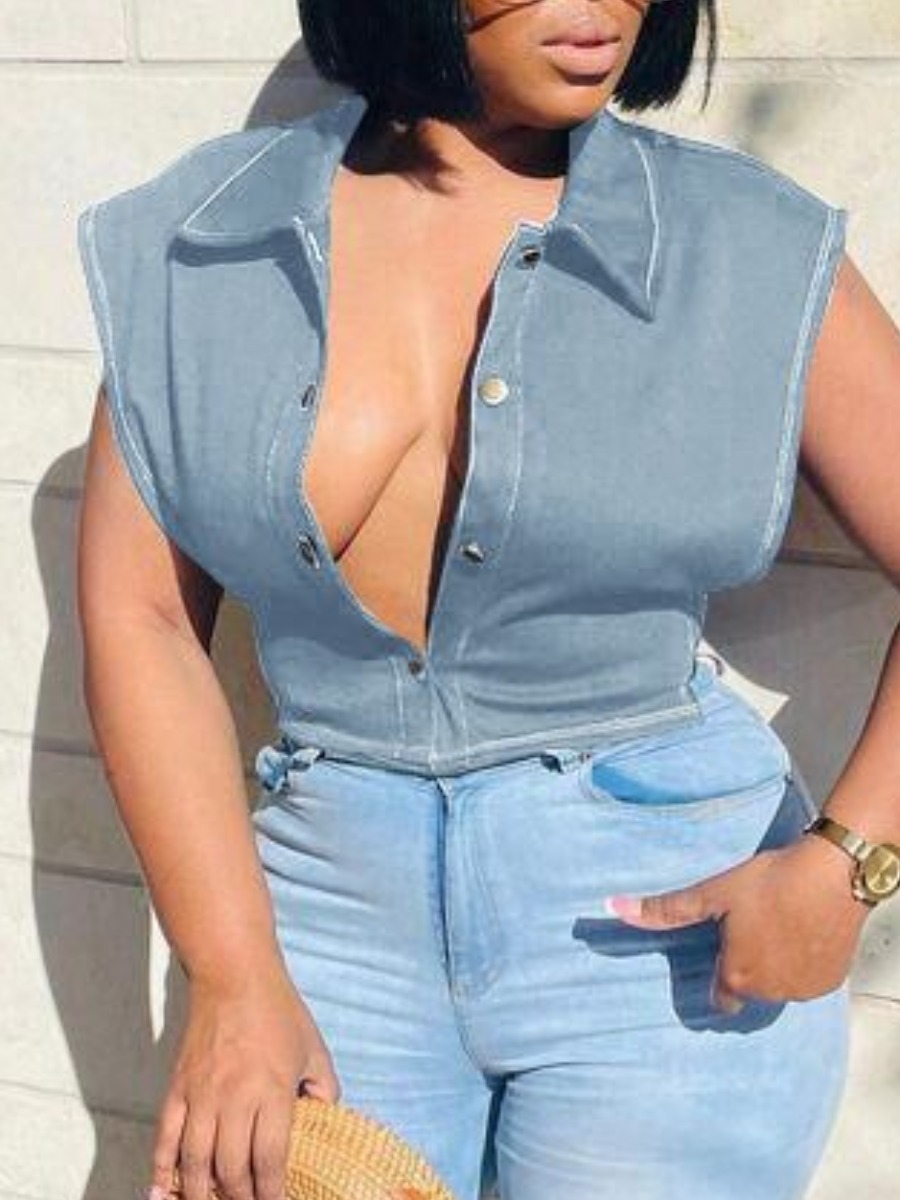 LW Turndown Collar Crop Top Denim Top