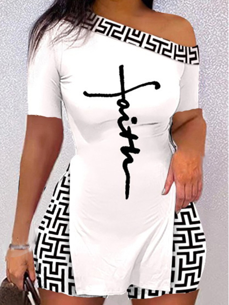 LW Plus Size One Shoulder Faith Letter Print Split