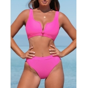 LW BASICS V Neck High Waisted Solid Pink Bikini Se
