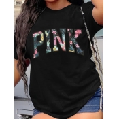 LW Plus Size Floral Pink Letter Print T-shirt