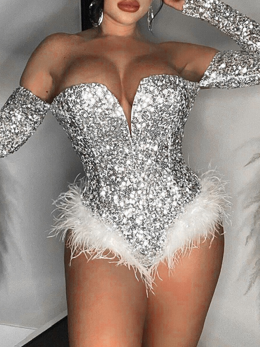 LW SXY Plus Size Tube Top Splicing Plush Hem Sequined Romper