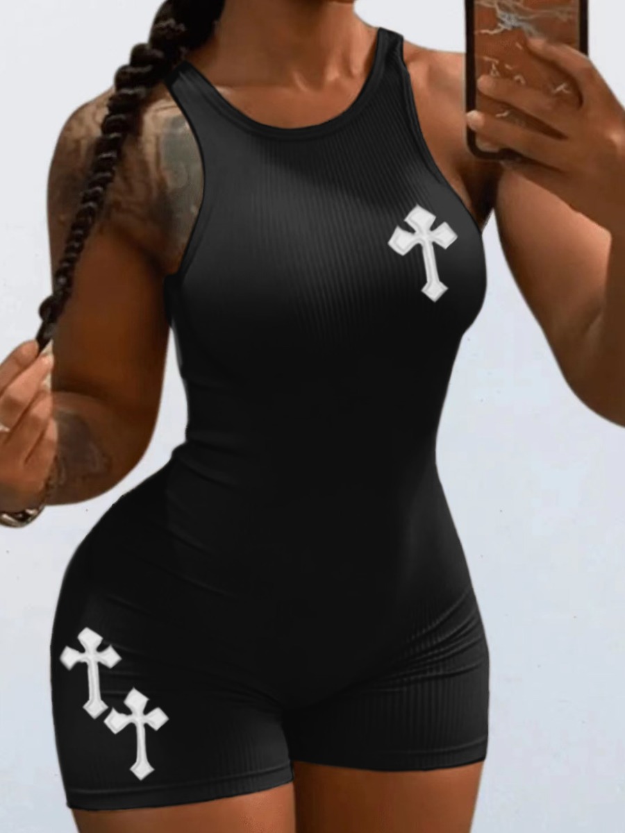 LW Plus Size Cross Decor Rib Knit Romper
