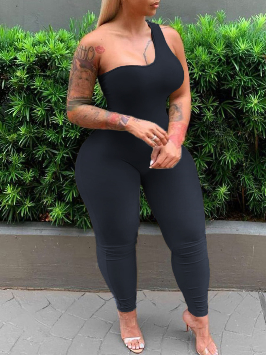 LW BASICS Plus Size One Shoulder Skinny Stretchy Jumpsuit