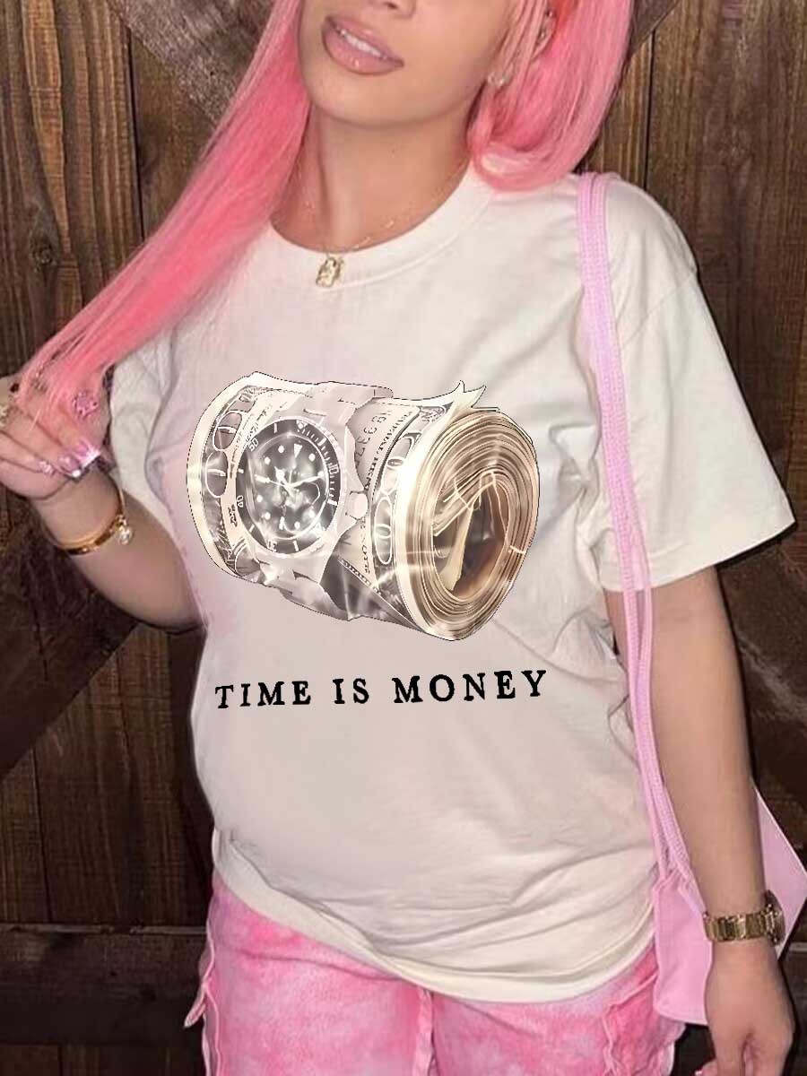 LW Time Is Money Letter Print T-shirt