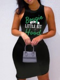 LW Hood Letter Print Rib Knit Bodycon Dress