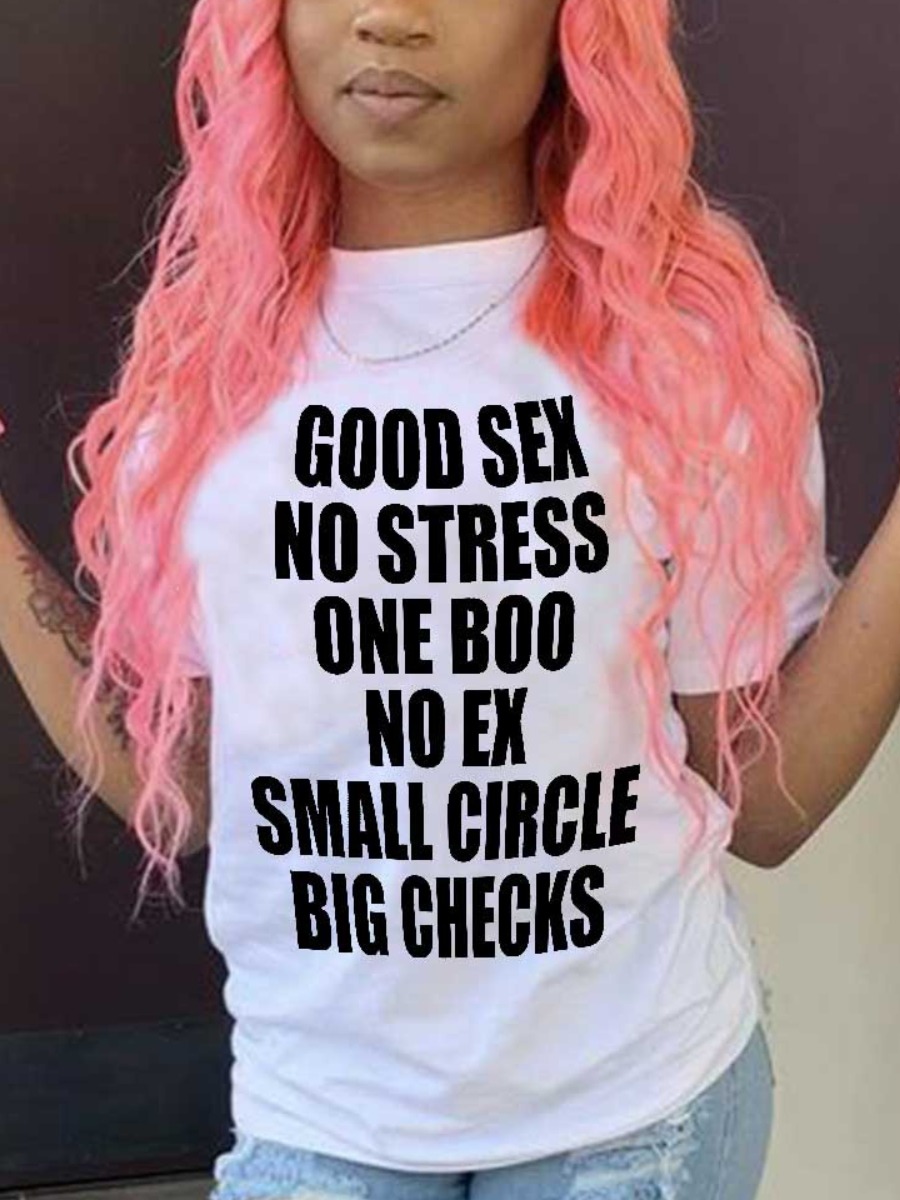 LovelyWholesale Big Checks Letter Print T-shirt Summer Short Sleeve Casual Round Neck Spring Summer 2024