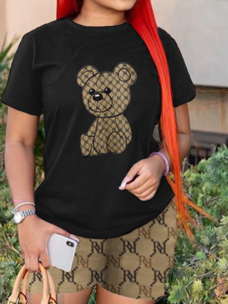 LW Plus Size Geometric Teddy Bear Print Shorts Set