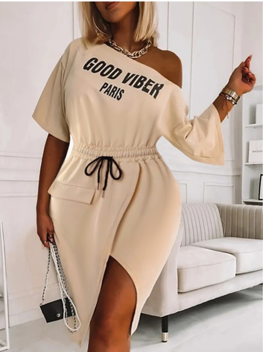 LovelyWholesale Plus Size Letter Print Drawstring High Split Dress Summer Half Sleeve Elegant One Shoulder  5X Spring Summer 2024