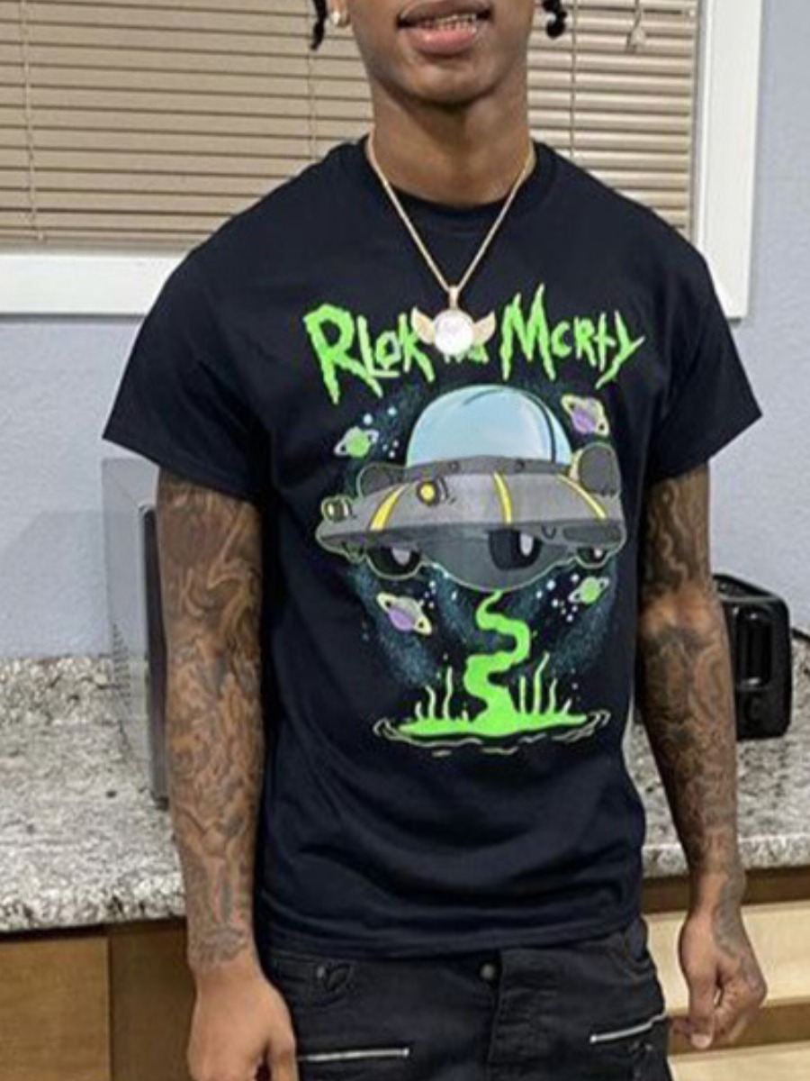 LovelyWholesale Men Cartoon Letter Print T-shirt Summer Short Sleeve Casual Spring Summer 2024