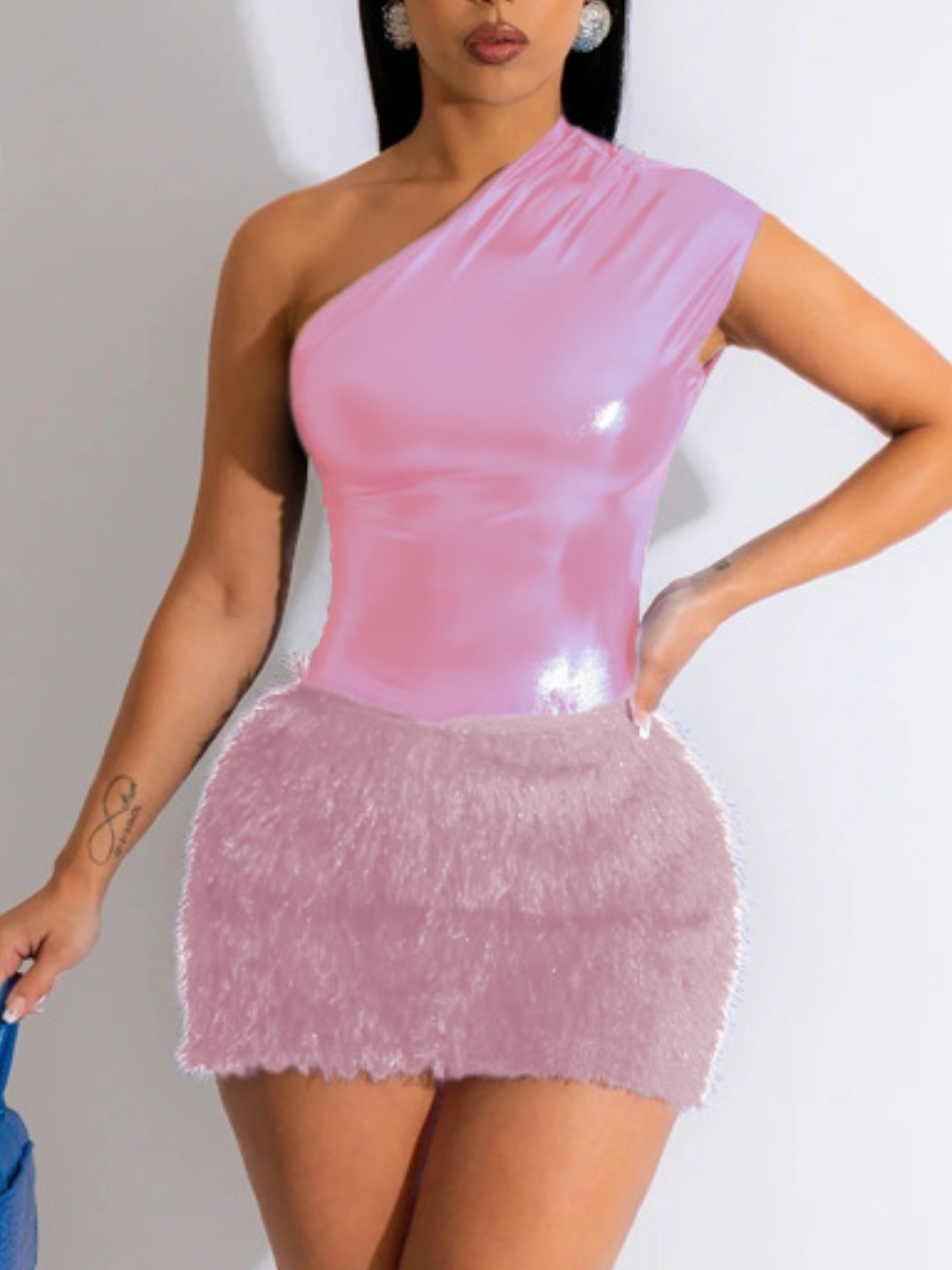 LW One Shoulder Shiny Plush Dress