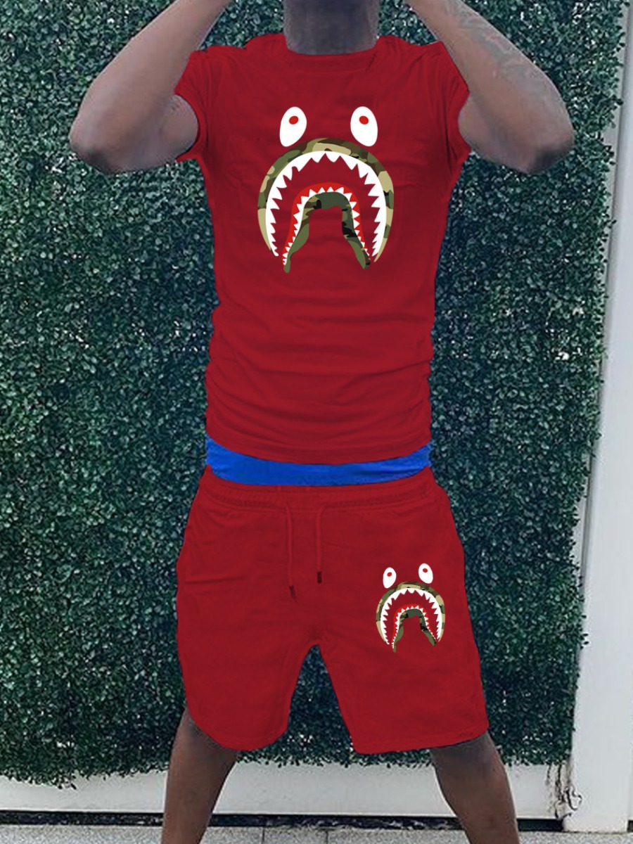 LW Men Cartoon Fish Mouth Print Drawstring Shorts 