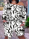 LW Plus Size Boat Neck Print Bandage Design Shorts Set