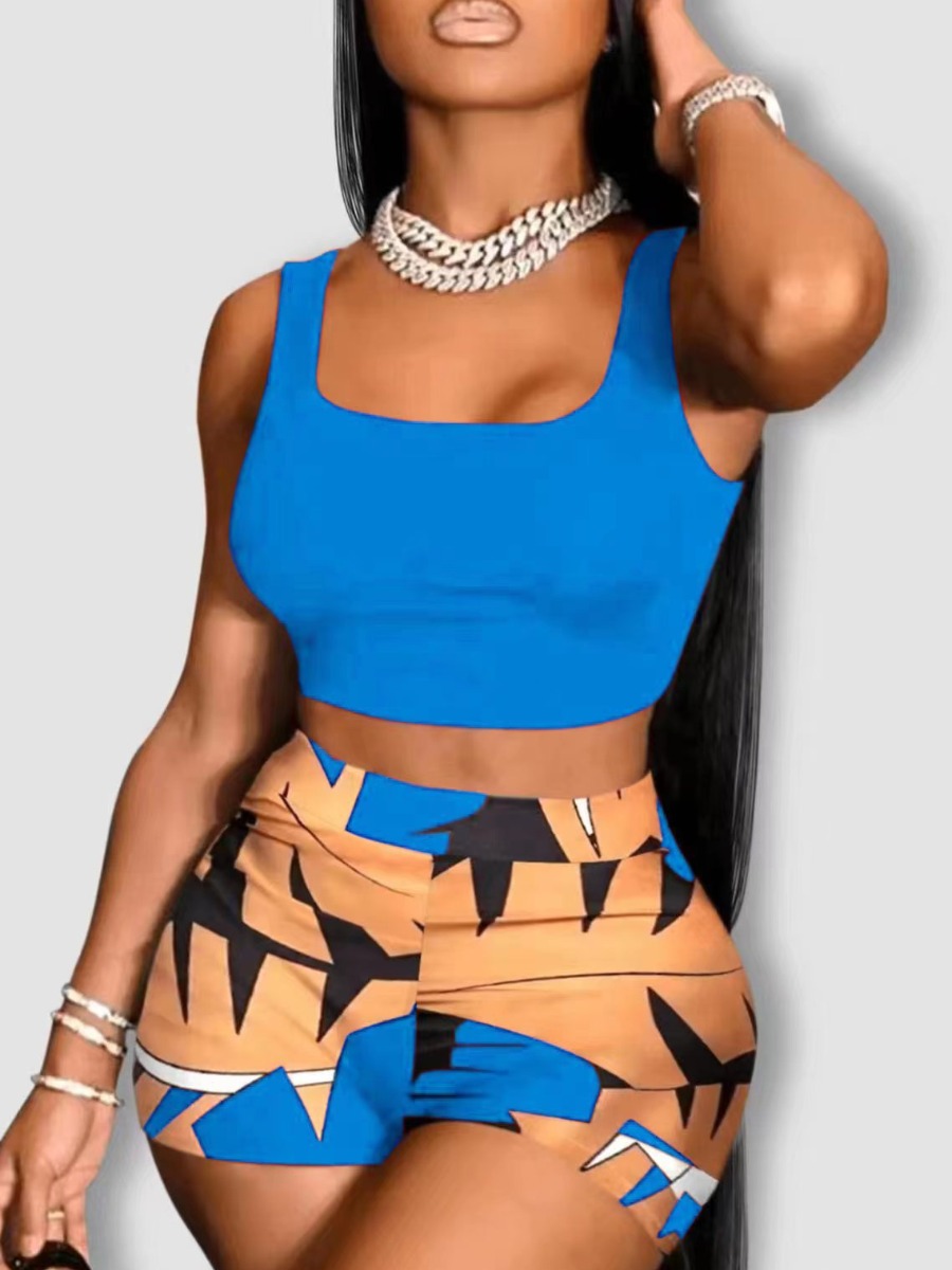LW Crop Top Geometric Print Shorts Set