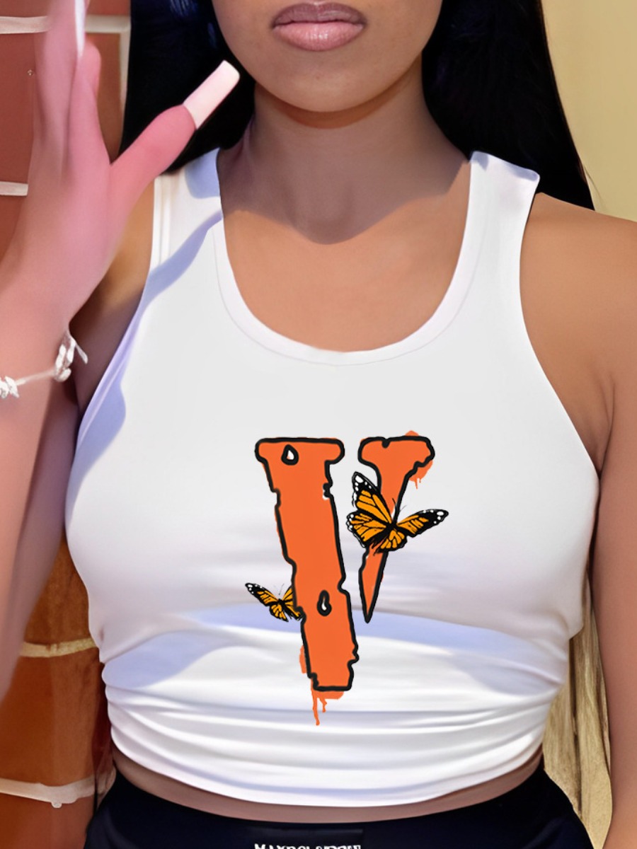 LovelyWholesale Butterfly Letter Print Camisole Summer Sleeveless Casual Pattern U Neck Spring Summer 2024