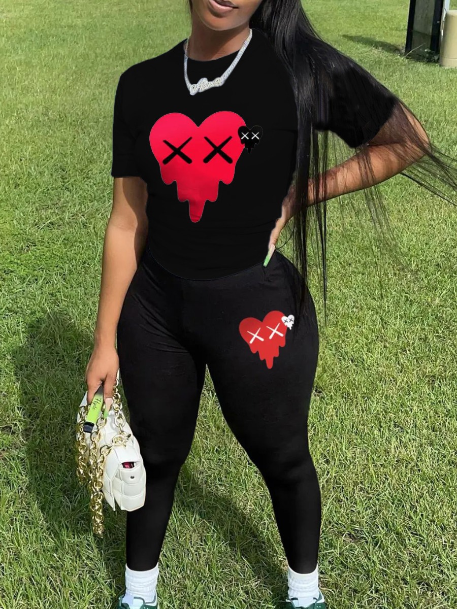 LW Heart Print Skinny Stretchy Pants Set
