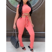 LW Crop Top Lettuce Trim Bandage Design Pants Set