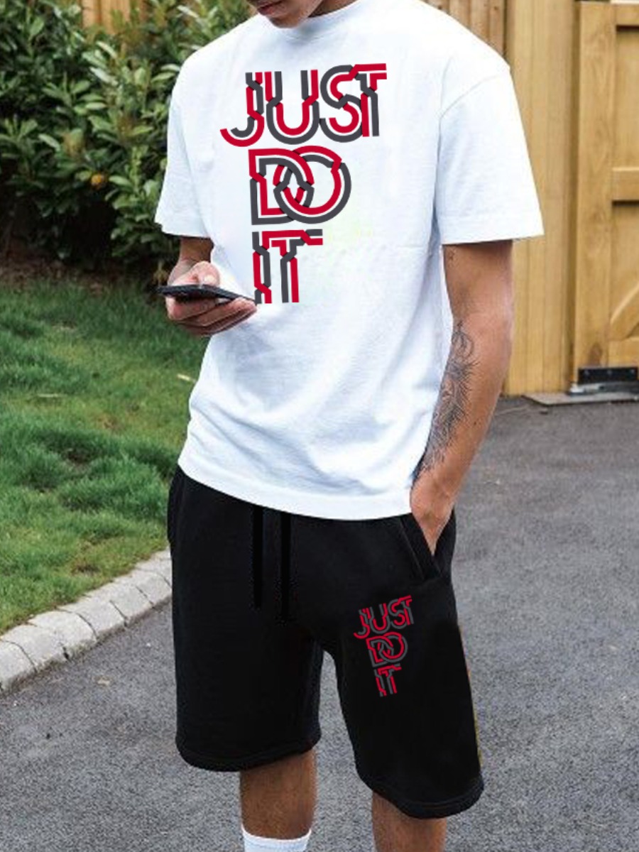 LovelyWholesale Men Just Do It Letter Print Shorts Set Summer Short Sleeve Casual Round Neck Spring Summer 2024