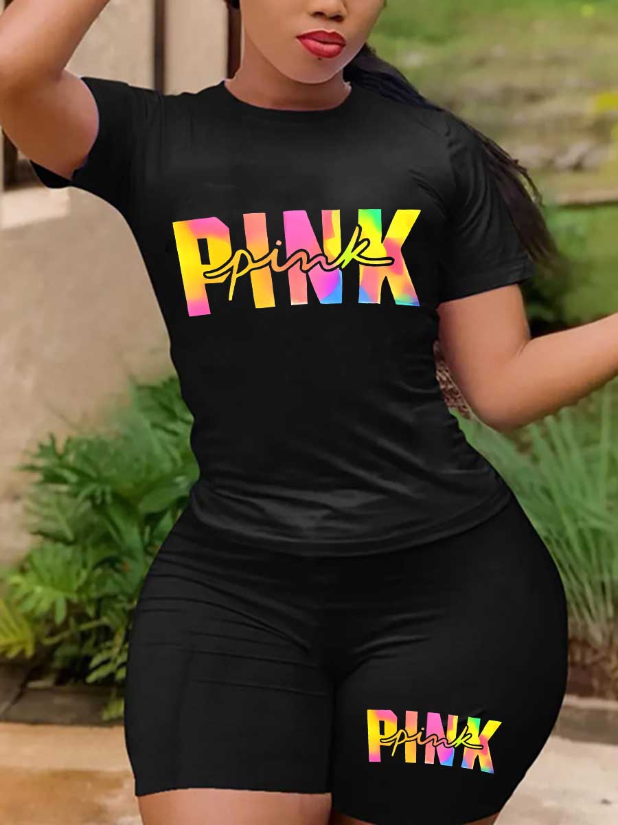 LW Plus Size Gradient Pink Letter Print Shorts Set