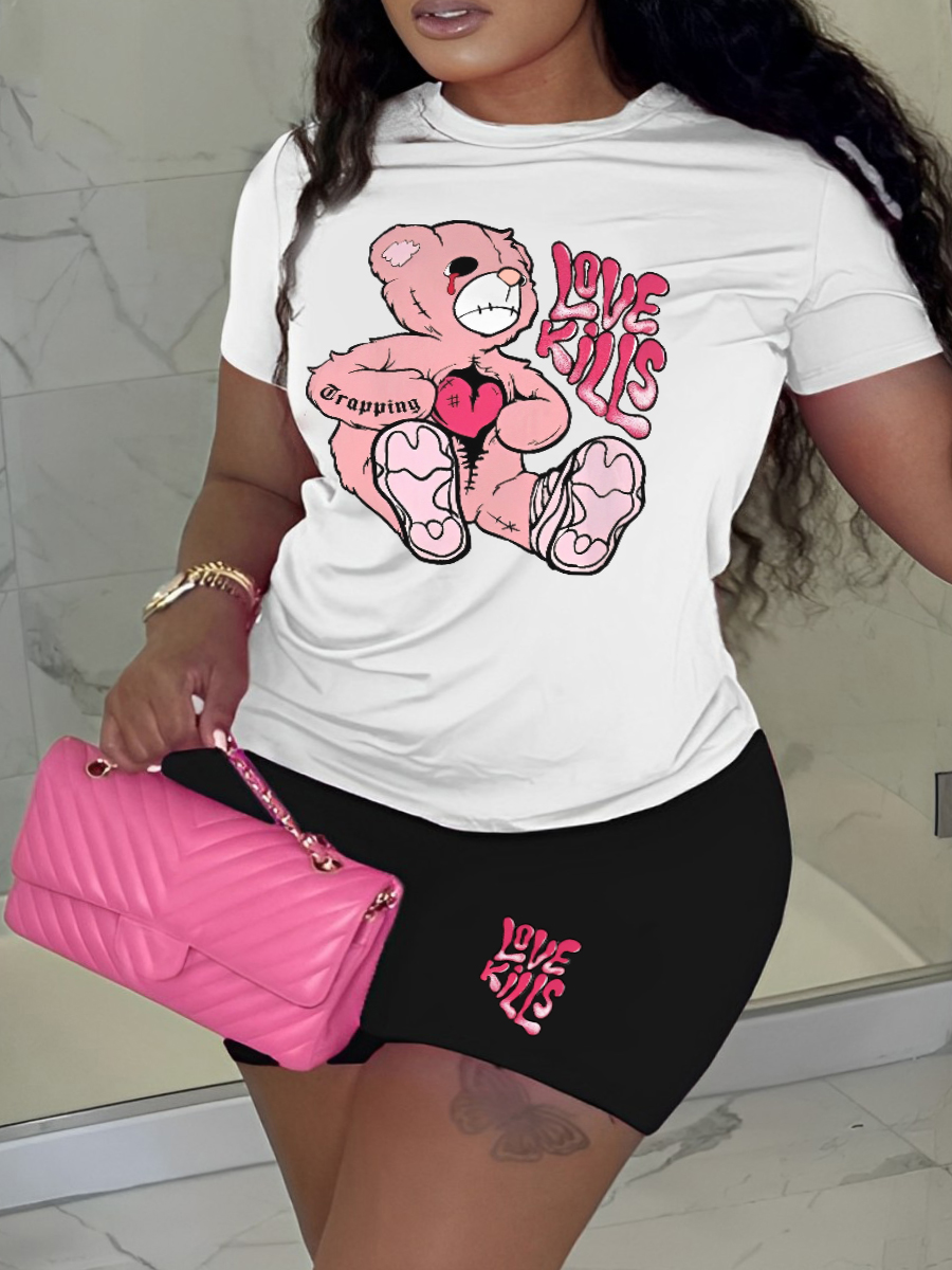 LW Plus Size Teddy Bear Love Letter Print Shorts Set