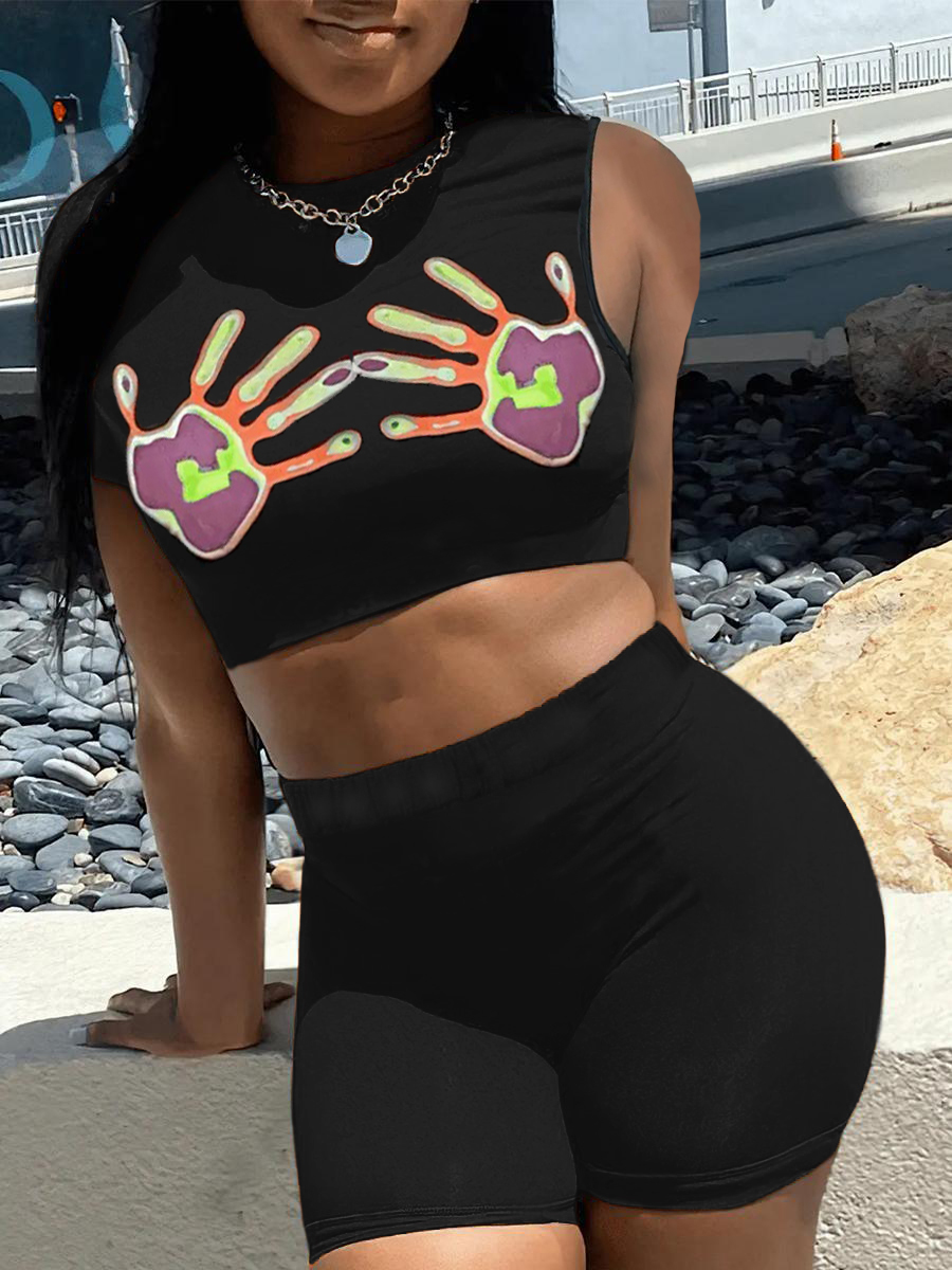LW Crop Top Palm Print Skinny Shorts Set