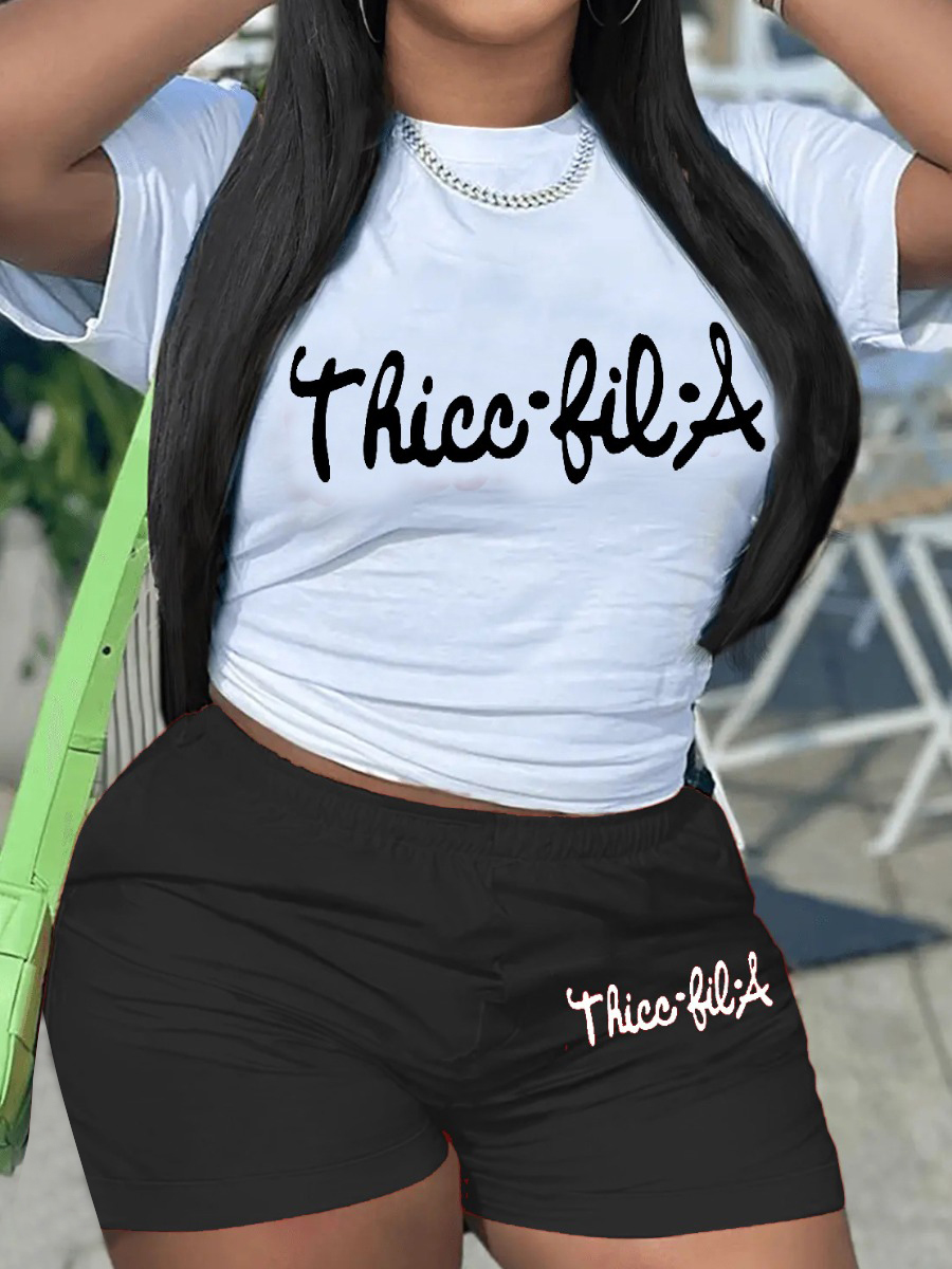 LovelyWholesale Thicc-fil-a Letter Print Regular Fit Shorts Set Summer Short Sleeve Daily Pattern Round Neck Spring Summer 2024
