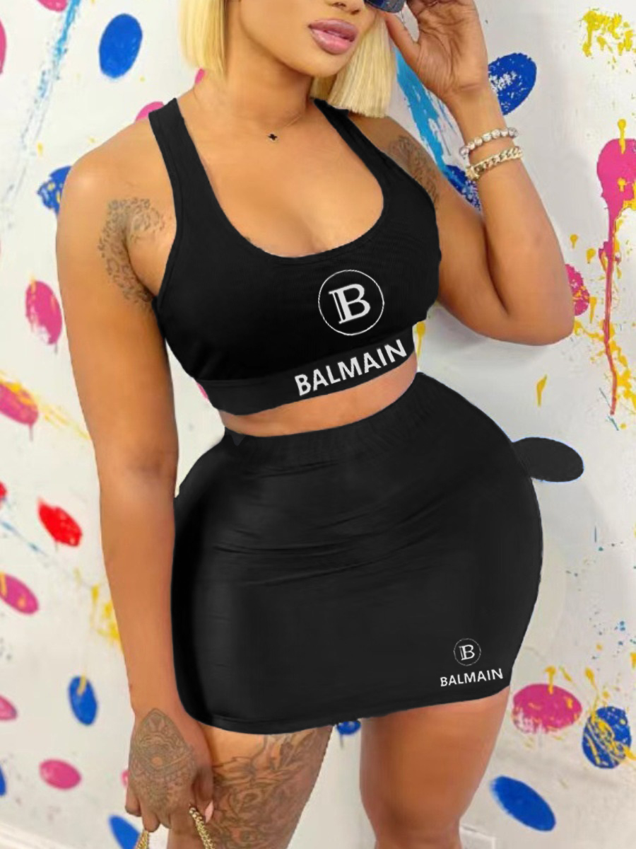 LW Plus Size U Neck Letter Crop Top Skirt Set